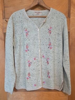 Vintage Honor Millburn Edinburgh Wool Cardigan With Hand-Sewn Floral Details